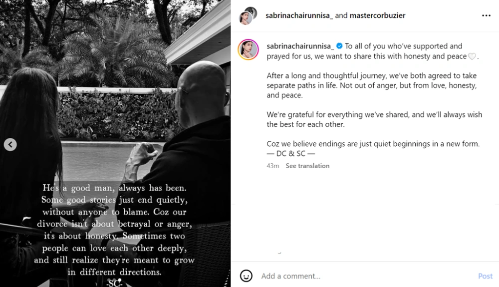 Ungkapan hati Sabrina Chairunnisa usai gugat cerai Deddy Corbuzier. [Instagram]